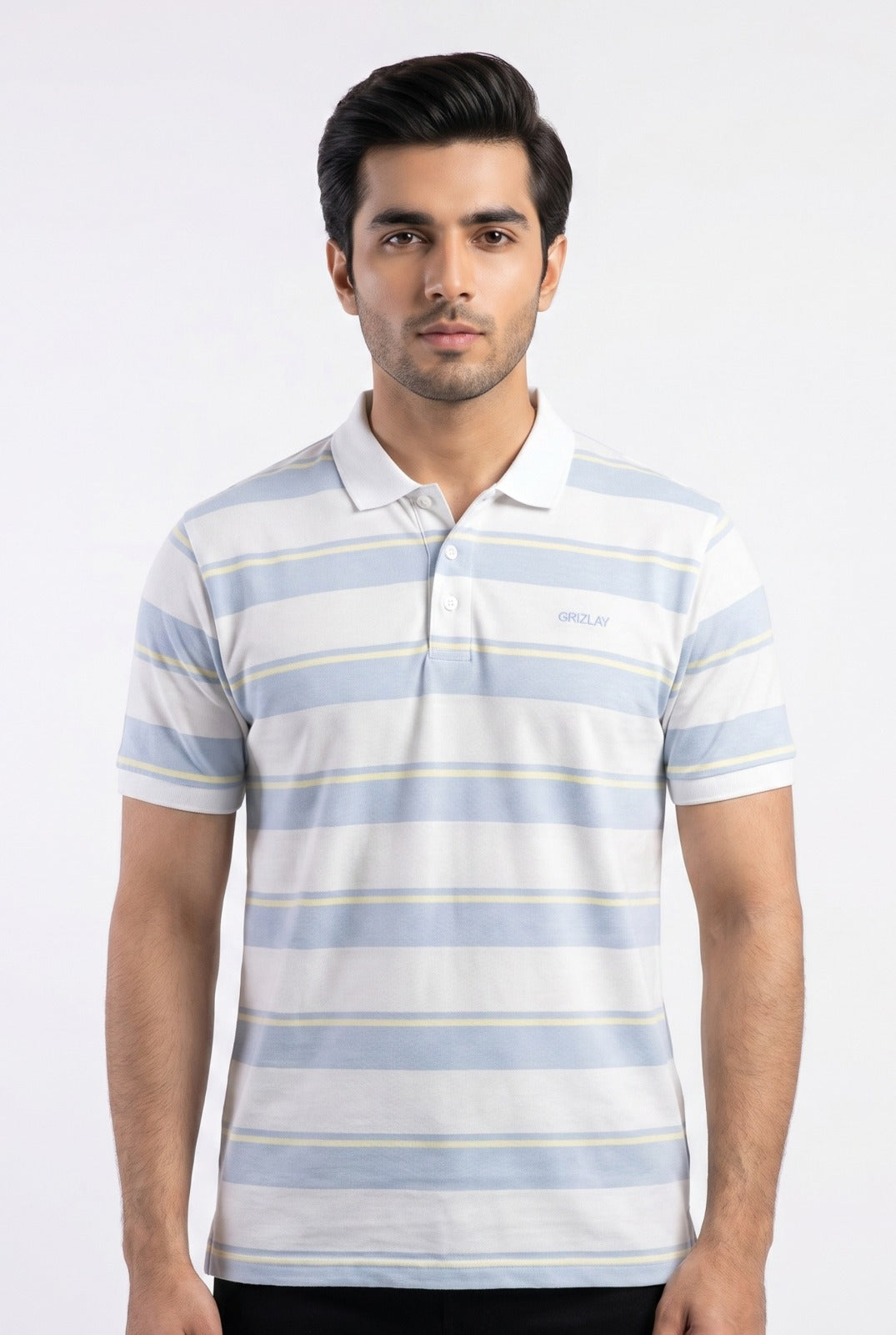 GRIZLAY Coastal Stripe Polo – White & Sky Blue