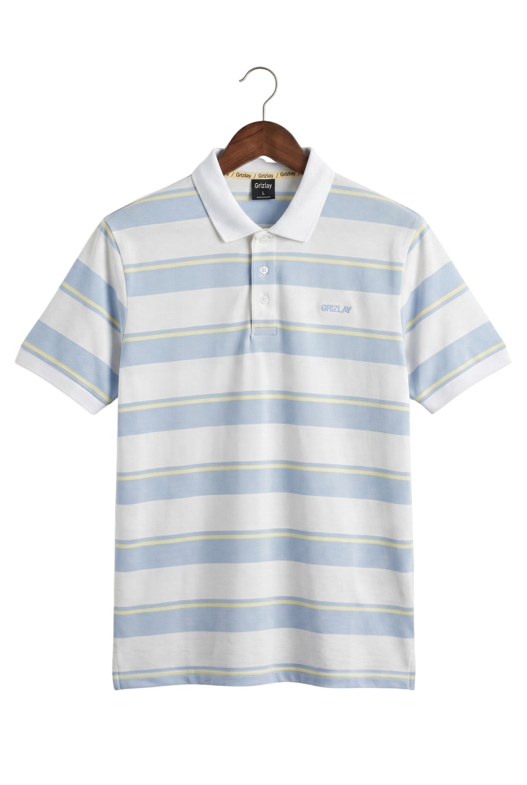 GRIZLAY Coastal Stripe Polo – White & Sky Blue